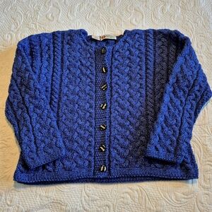 Standun women's Mecium blue heather 100% merino wool Fisherman Cardigan EUC